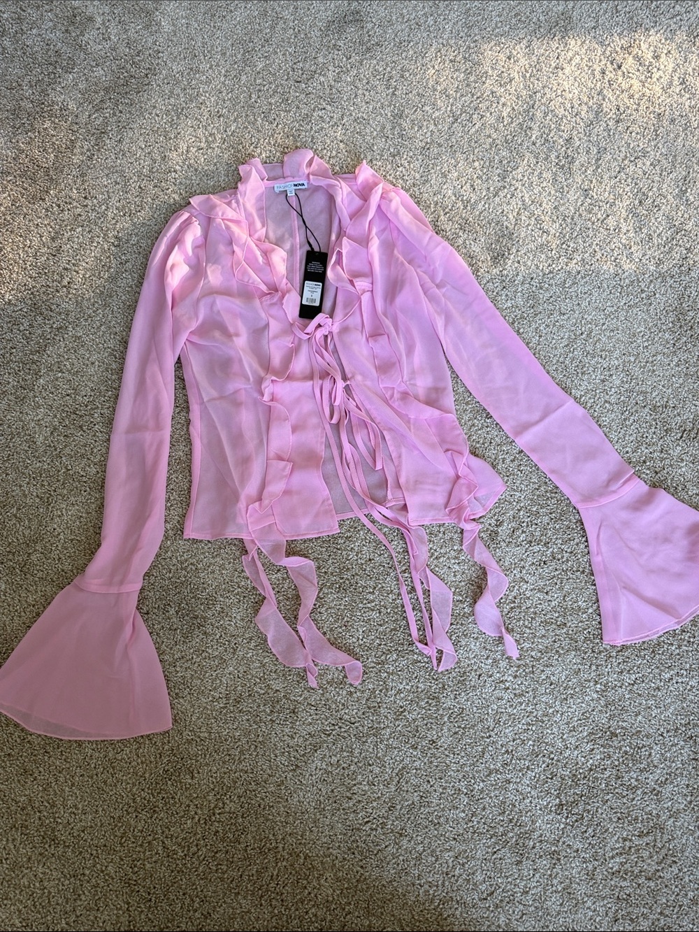 Fashion Nova Light Pink Ruffle Tie-Front Sheer Blouse